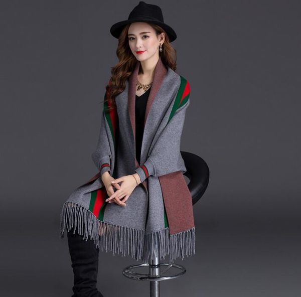 Winter Frühling Damen Luxus warm und verdickt Cape Schal Mantel Mädchen Wollpullover langärmelige Streifen Cape Jacquard Quaste mit äußerer Schal Jacke Oberbekleidung