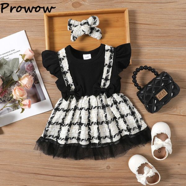 Prowow 0-3y vestidos de bebê para meninas preto retalhos xadrez tweed vestido com bandana renda malha vestido de festa roupas de bebê meninas 240307