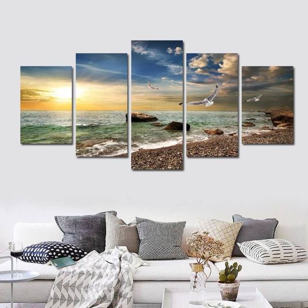 5-teilige Wandkunst-Leinwand, Sonnenuntergang, Meer, Wandkunst, Bild, Leinwand, Ölgemälde, Heimdekoration, Wandbilder für Wohnzimmer, ohne Rahmen303C