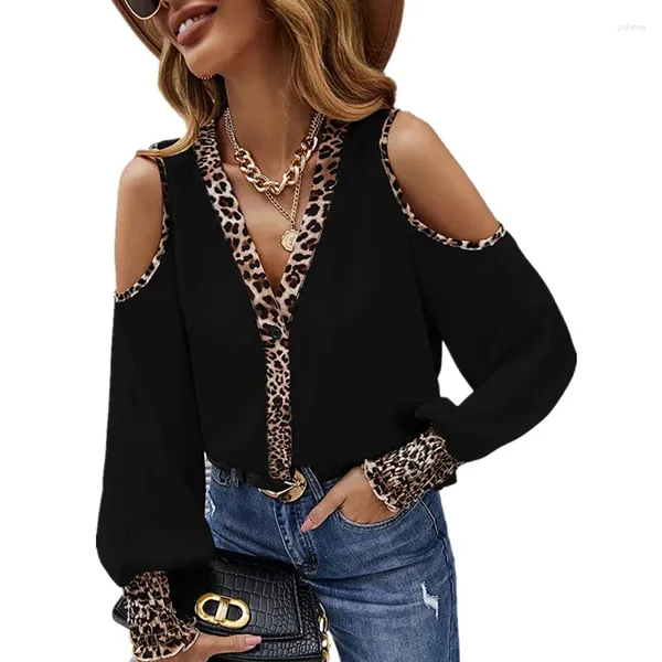 Frauen Blusen Sexy Nette 2024 Herbst Blusas Mädchen Y2KV-neck Büro Rüschen Langarm Tops Leopard Gedruckt Kalte Schulter Tasten h314