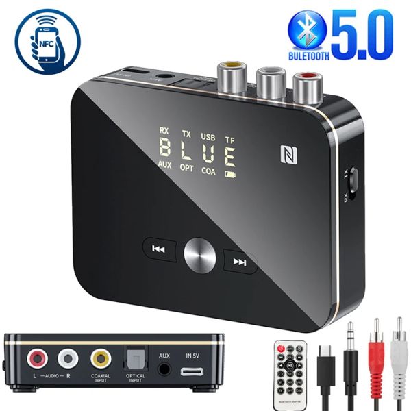 Adaptador Transmissor de receptor Bluetooth 5.0 NFC estéreo 3,5 mm Jack Aux Jack RCA Optical Wireless Audio Adapter Mic Ir Remote Control para TV Novo