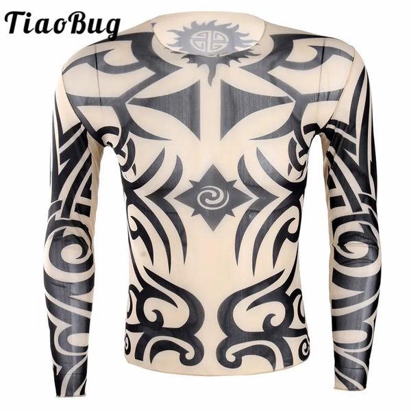 TiaoBug Macio ONeck Ver Através de Manga Longa Tatuagem Falsa Design Elástico Sexy Homens Camiseta Masculina Fancy Party Costume 240304