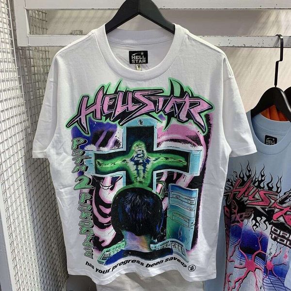 Hellstar Online Summer New Functional Boys Radio Wave Graffiti Print T-shirt a maniche corte ampia da uomo e da donna