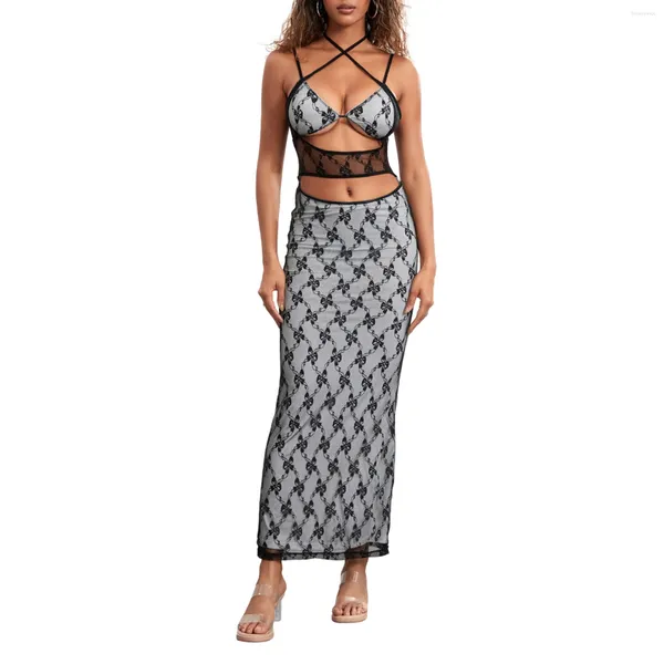 Casual Kleider Damen Spitze Langes Kleid Figurbetontes Party Sommer Sexy Ärmellos Spaghettiträger Ausschnitt Für Clubwear