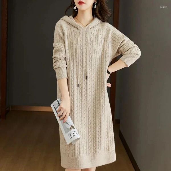 Vestidos casuais camisola com capuz 2024 primavera outono meados de comprimento de malha coreano solto malhas senhoras longo vestido de cor sólida