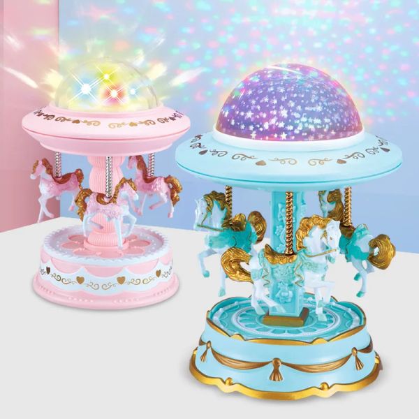 Scatole Creative Nordic Carousel Music Box Proiezione di stelle Luce luminosa Carillon domestico Desktop Arti decorative e artigianato Regalo di festa