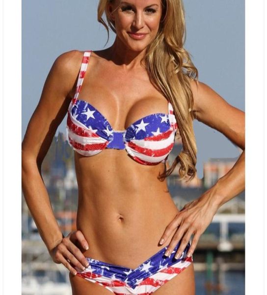 Women039s Bademode Damen American Flag Bikini Print Hohe Taille Set Pushup BH Badeanzug Baden Plus Size Beachwear4876991
