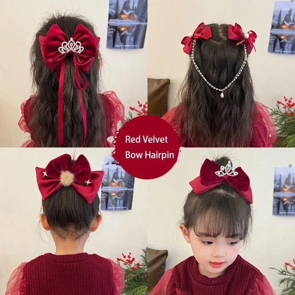 Accessori per capelli Corona di cristallo Bambini Fiocco di velluto rosso Forcina perla Peluche Anno cinese Copricapo Abito con clip di stoffa