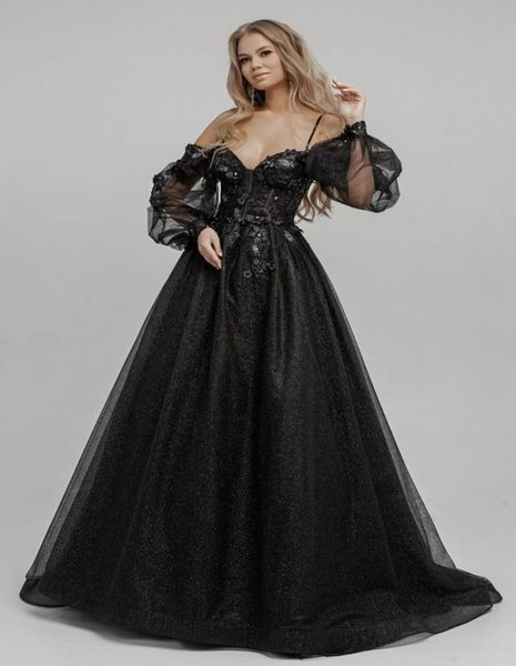 2021 Abiti da sposa gotici neri Abiti con spalle scoperte Maniche lunghe Paillettes Tulle Sparkle Goth Abiti da sposa con colori non bianchi9171403