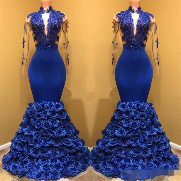 Königsblaue schwarze Mädchen-Meerjungfrau-Abendkleider mit langen Ärmeln, Spitzenapplikation, Schlüsselloch-Ausschnitt, Ballkleider, 3D-Rosenblumen, Festzugskleider286M