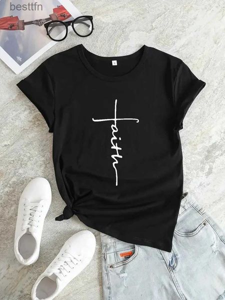 T-shirt da donna Faith Cross T-shirt Religion Design Stampa Donna Abiti estetici Devout Belir Tops Basic White Short Sle Summer Tee Shirt 240311