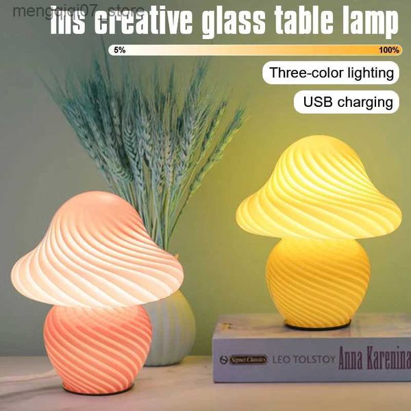 Lampenschirme im europäischen Stil, LED-Pilz-Tischlampe, kreative Retro-gestreifte Glas-Wohnzimmer-Schlafzimmer-Nachttisch-Atmosphärenlampe, Heimdekoration L240311