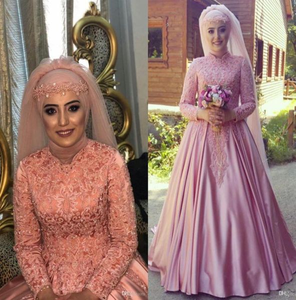Розовые арабские мусульманские свадебные платья 2021, кружево, бисер, винтажный хиджаб с длинным рукавом и высоким воротом, свадебное платье принцессы в церкви6372077