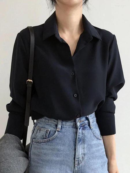 Blusas femininas cor sólida chiffon camisa casual básico manga comprida coreano escritório chique topo feminino verão 2024