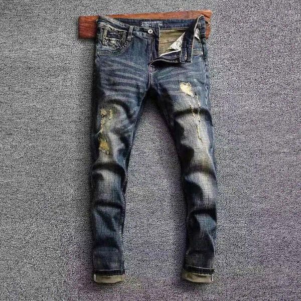 Jeans da uomo Ly Designer Moda Uomo Retro Nero Blu Stretch Slim Fit Strappato Ricamo Patched Pantaloni in denim vintage Homme