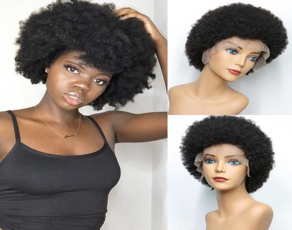 Pixie Cut Afro crespo ricci anteriori in pizzo parrucche per capelli umani per donne nere capelli brasiliani di Remy 6039039 parrucche corte pre pizzicate 2505392328