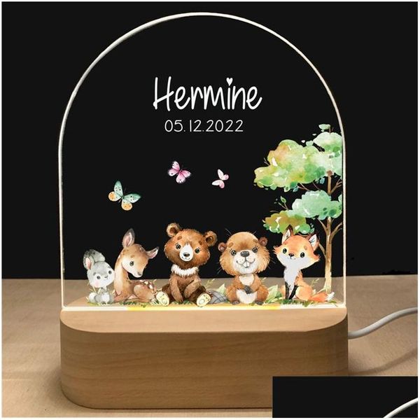 Lâmpadas Shades Personalizado Koala Night Light Nome Personalizado Bebê Acrílico Lâmpada Base de Madeira Nascido Kid Presente Crianças Quarto Decor Rainbow Eleph Ot7Hp