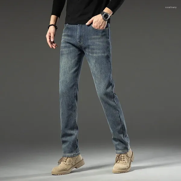 Jeans masculinos 2024 primavera e outono meados de cintura alta homens magro tubo reto marca calças largas