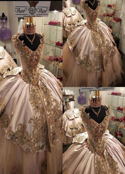 Gül pembe boncuklar quinceanera elbiseler lüks aplikler balo elbisesi ışıltılı tatlı 16 yıllık prenses 15 yıl boyunca vestidos de2589063