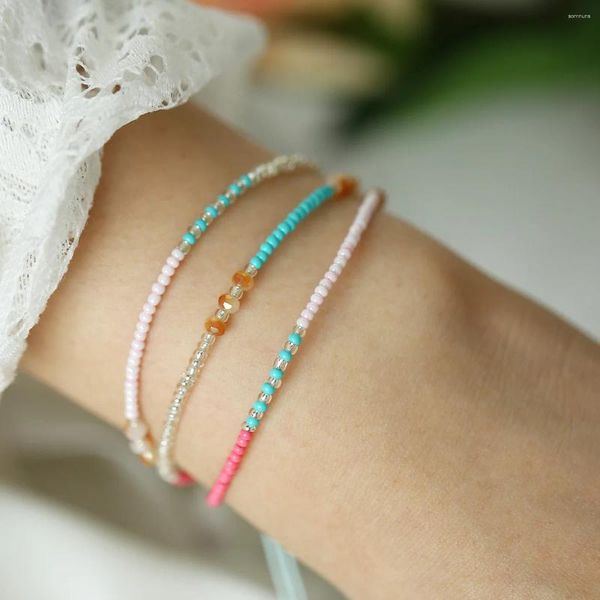 Braccialetti con ciondoli HI MAN Boemia Semplice e versatile Distanziatore acrilico a tre strati Bracciale in corda di cotone intrecciata con perline Temperamento moda donna