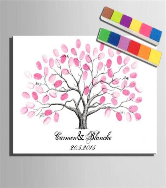 Impronta digitale Albero Firma Tela Pittura Auto Regalo di nozze Decorazione Nome e data Personalizzati Include 6 colori inchiostro195q6199210