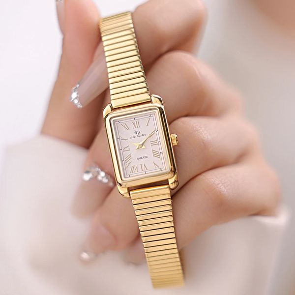 Retro Zarif İzle Tahıl Paslanmaz Çelik Gold Square Ladies Bilek Montre Femme 240305