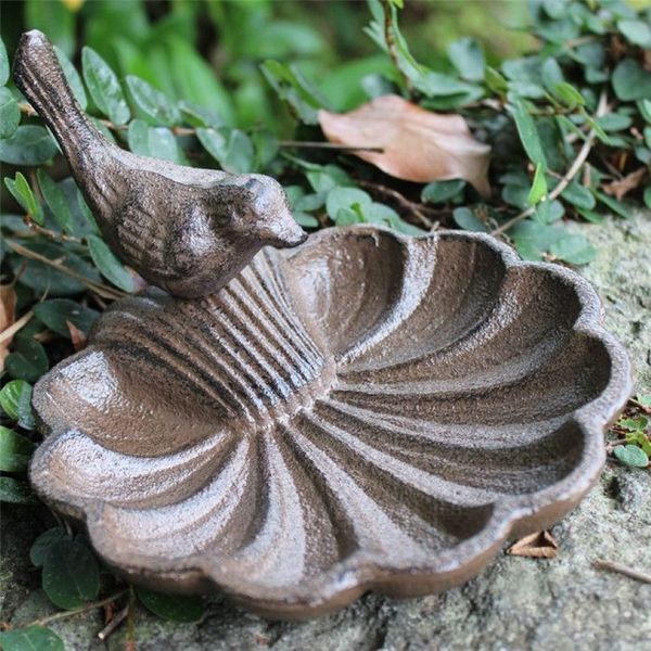 3 peças de ferro fundido forma escudo alimentador pássaro para jardim suporte tigela birdbath pássaro banho antigo colocar no pátio marrom vintage o230h