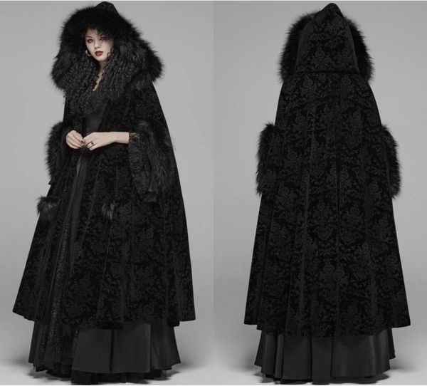 Maglo inverno inverno in pelliccia nera Cape con cappuccio con rivestimenti stampati con passi da sposa lunghi giacche speciali per feste speciali per matrimoni gotico sposa Wea2513817