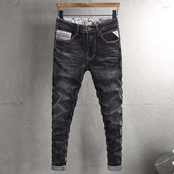 Jeans masculinos moda rua preto cinza vintage elástico fino ajuste dividido com grandes bolsos designer hip hop marca calças