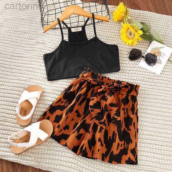 Set di abbigliamento Negozio di borse europeo Abbigliamento per bambini Moda estiva Ragazze Canotta Crop Top corto Pantaloncini leopardati Abito in 2 pezzi 5-12 anni ldd240311