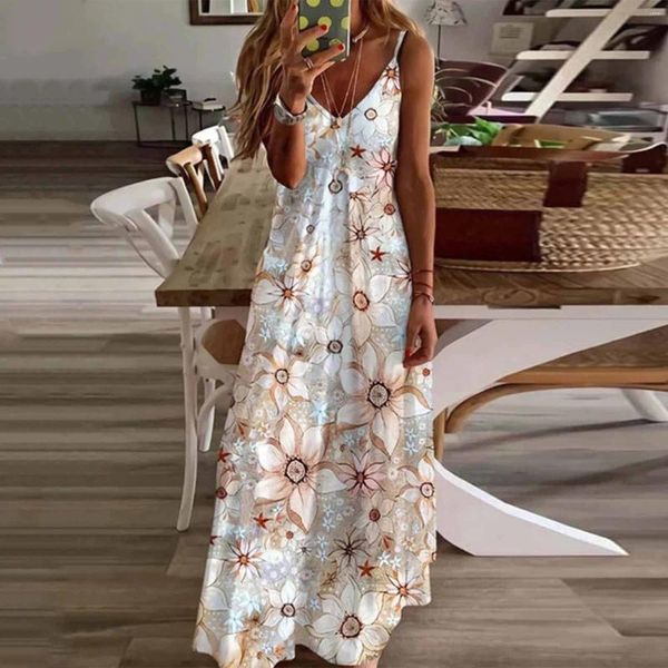 Lässige Kleider Urlaub Strand Schlinge für Frauen 2024 Plus Größe Sexy ärmelloses Kleid V-Ausschnitt Blumendruck Lange Frau Kleidung