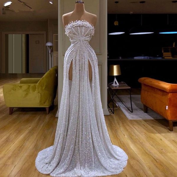 Neues Dubai-Art-weißes Glitter-Abschlussball-Kleid Lang ein Schulter-muslimisches Meerjungfrau-Abend-Partei-Kleid-Berühmtheits-Runaway-roter Teppich-Kleid226g
