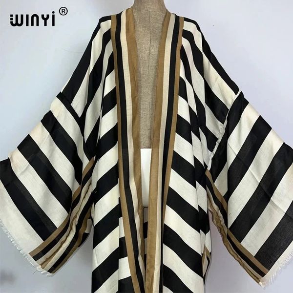 WINYI Kimono Afrika Sommer Boho Streifendruck Strandbadebekleidung Elegante Strickjacke sexy Urlaub Maxi Strandkleidung Badeanzug Abendkleid 240307