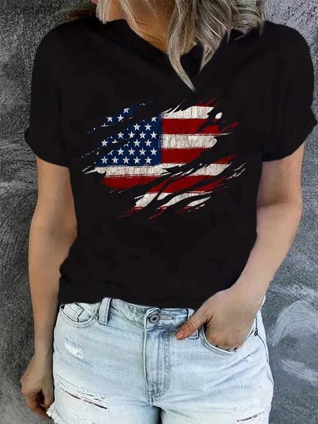 T-shirt das mulheres Bandeira americana Impressão T-shirt Dia da Independência Curto Sle Crew Neck Casual Top para verão Primavera Womens Roupas 240311
