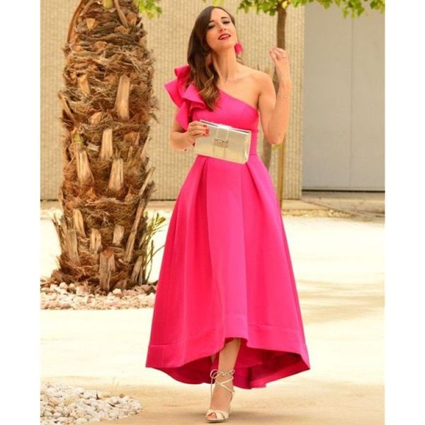 Simples alta baixa vestidos de baile um ombro vestido de baile com bolsos a linha rosa cetim curto frente longa volta vestido de festa formatura dre2617