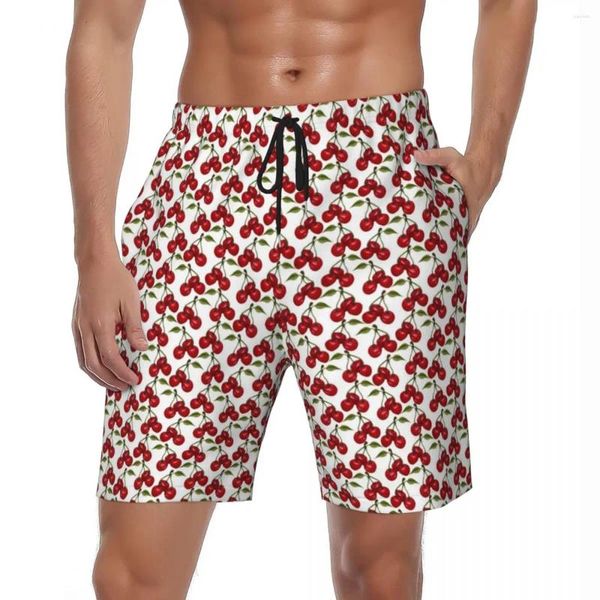 Herren-Shorts, Sommerbrett, männlich, Aquarell-Fruchtdruck, Sportbekleidung, hübsche rote Kirsche, Strand, kurze Hose, atmungsaktive Badehose