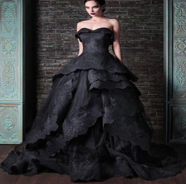 Novo gótico preto vestido de baile vestidos de casamento vintage querida babados rendas tule trem varredura rendas até voltar vestidos de noiva custom made6190473