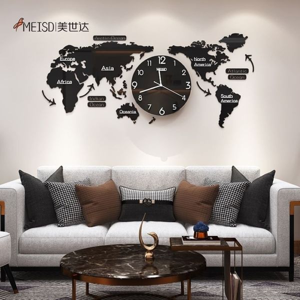 120 cm Locher – DIY schwarze Acryl-Weltkarte, große Wanduhr, modernes Design, Aufkleber, stille Uhr, Zuhause, Wohnzimmer, Küche, Dekor 22768