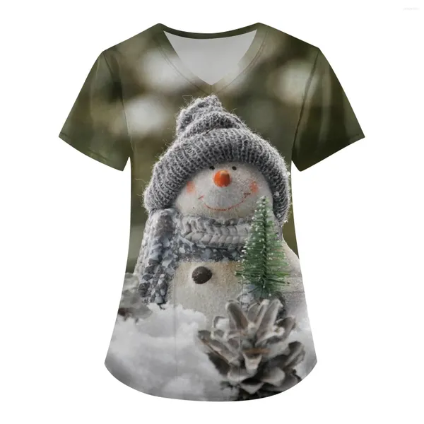 Kadınlar Tişörtleri Noel V yaka cep Hemşirelik Scrubs T-Shirt üniformaları Kadın Giyim 3D Kardan Adam Desen Baskı Üstleri Camisetas