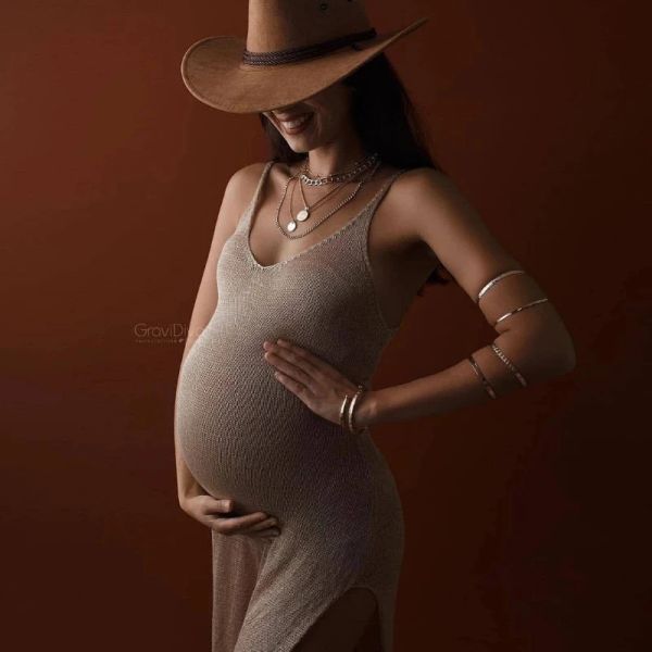 Abiti sexy trasparenti con scollo a V Puntelli per fotografia di maternità Abito biforcato Abbigliamento senza schienale Servizio fotografico di gravidanza Abito per baby shower