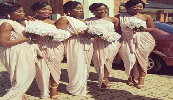 Афро-американские греческие платья подружки невесты 2017 Уникальные длинные вечерние платья персиково-розового цвета на одно плечо с русалкой для женщин с поясом5491993