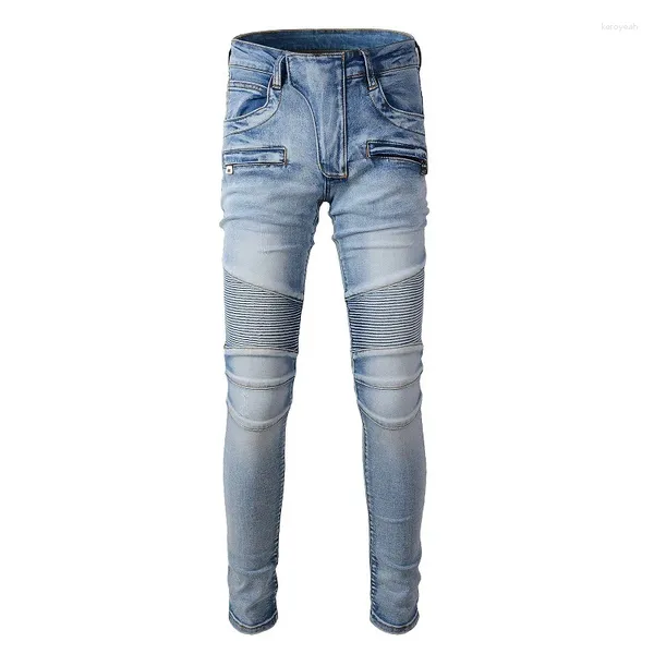 Herren Jeans Schwarz Multi-Pocket Streetwear Fashion Slim Patches Plissee Biker Für Männer Motorrad Skinny Stretch Ripped Hosen