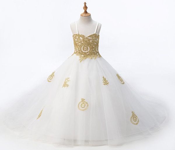 2022 moda branco com laço de ouro flor meninas vestidos princesa designer para casamento crianças meninas tule ruched com cintas de espaguete8144978