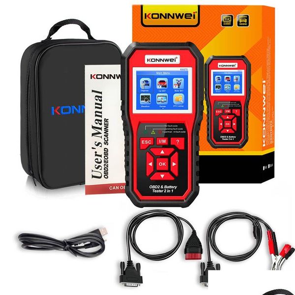 Leitores de código Ferramentas de digitalização Kw870 6V 12V Carro Motocicleta Bateria Tester Obd2 Ferramenta de diagnóstico Scanner 2 em 1 Teste de carregamento de partida para o Otwty