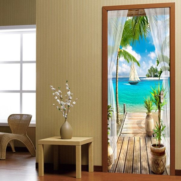 Varanda vista mar 3d porta adesivo pintura de parede sala de estar quarto papel de parede adesivos de parede auto-adesivo decoração impermeável 2102387