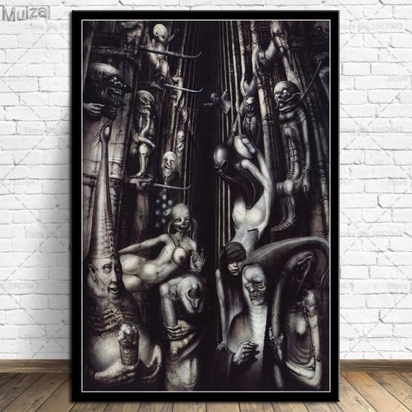 Pinturas hr giger li ii alien pôster de terror obras de arte e impressões de arte de arte de parede pintura de lona para sala de estar home deco256e