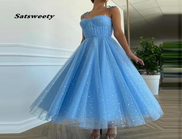 Abiti da ballo principessa blu fata Abiti da ballo corti scintillanti in tulle stellato senza spalline Abiti da cerimonia formali a pieghe lunghezza tè Aline8558788