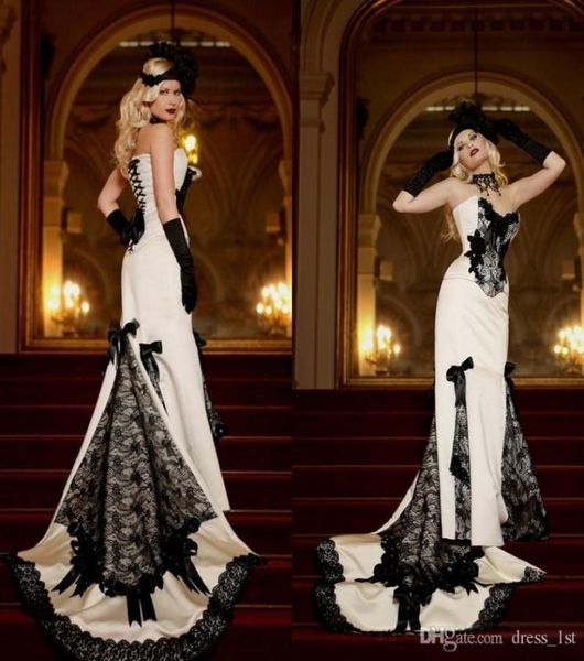 Vintage gótico preto e branco vestidos de casamento barato querida sereia laceup volta cetim arco victoria vestidos de noiva custom made6038529