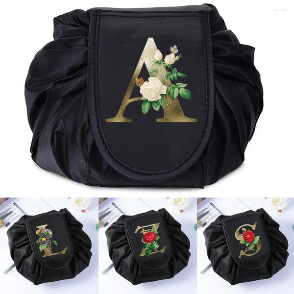 Sacos cosméticos saco de maquiagem organizador para cosméticos dobrável cordão viagem feminino flor dourada carta impressão bolsa de armazenamento