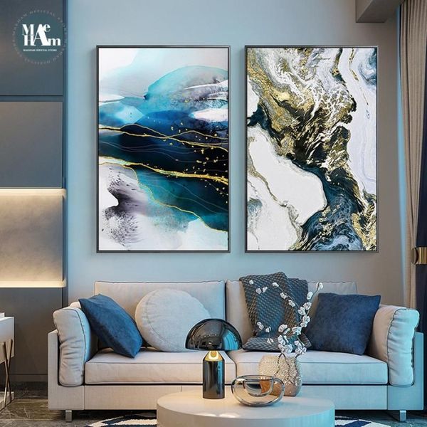 Gemälde Abstrakte Aquarell Fluss Goldene Linien Wand Poster Drucken Moderne Leinwand Malerei Kunst Wohnzimmer Dekoration Bilder Home265G